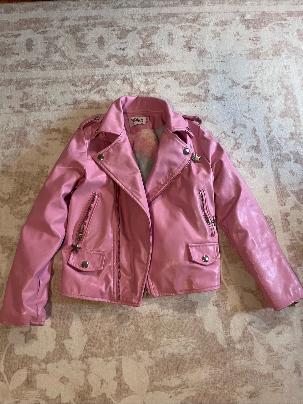 Lola + The Boys Pink Faux Leather Moto Jacket with Star Hardware